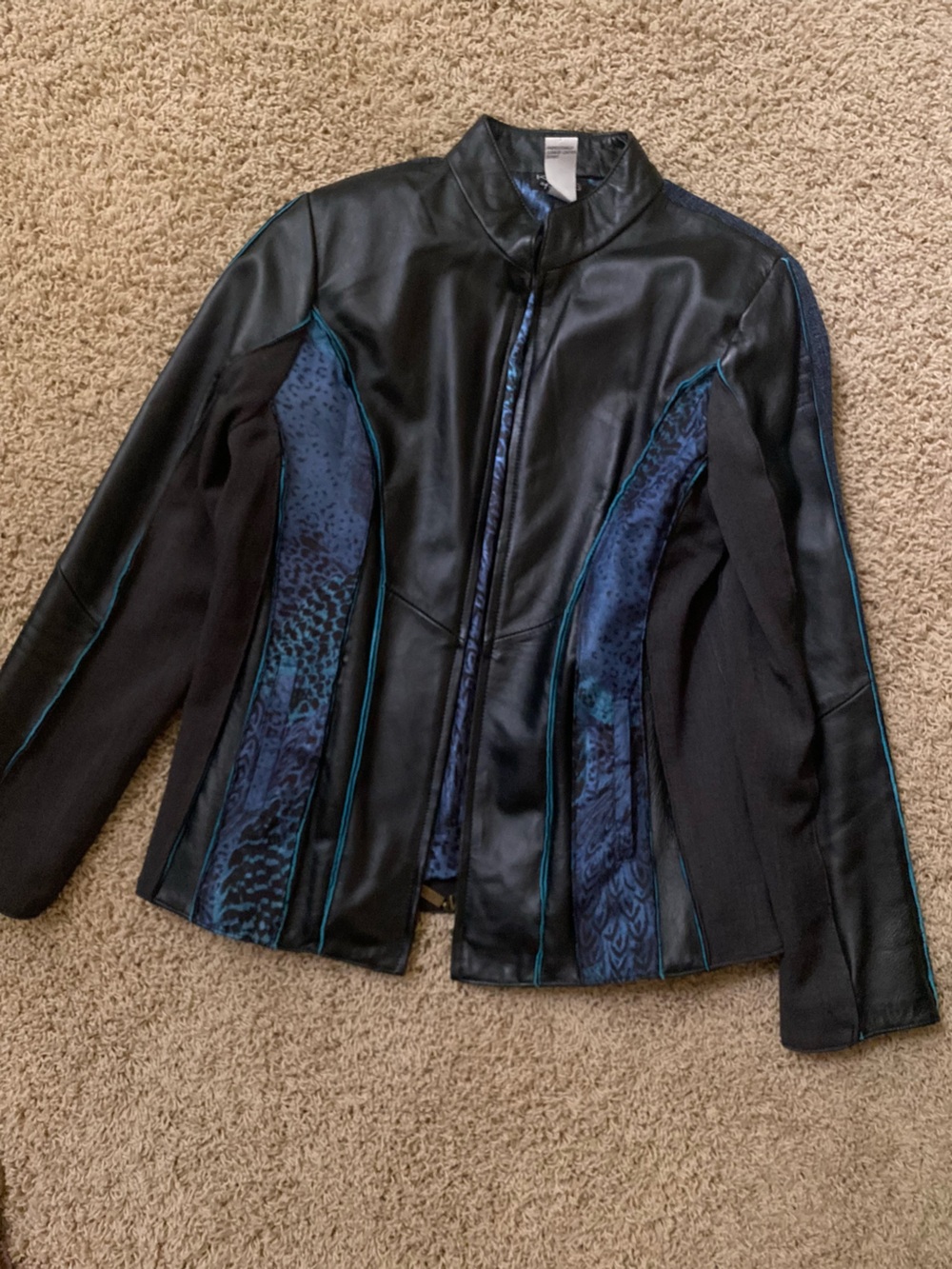 Koos of Course Women's Black Leather Jacket with Navy & Turquoise Accents Small